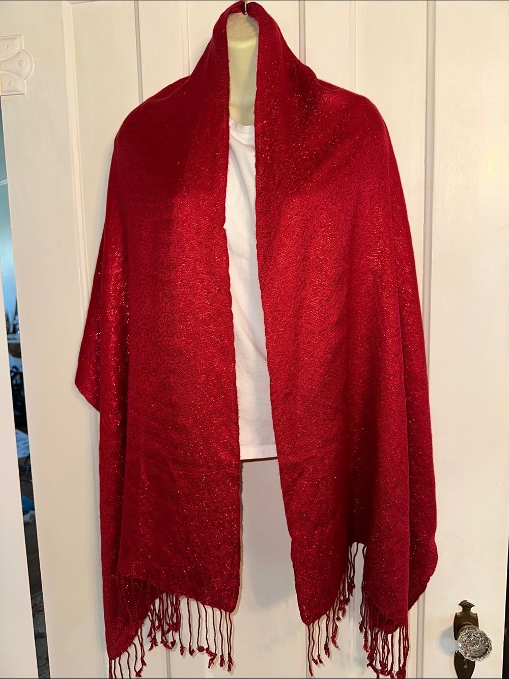 Elegant Red Fringe Wrap Scarf Shawl with Red Metallic Threads